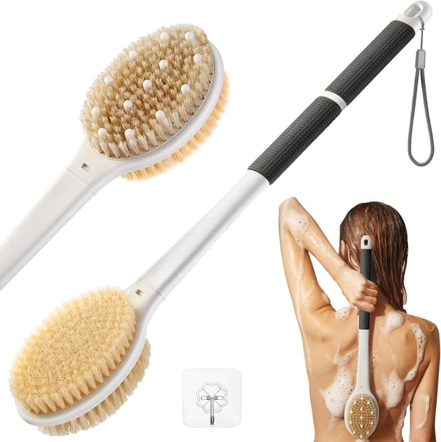 Detalle de Back Scrubber Body Shower Brush with Extra-Long Non-Slip Handle, Boar & Soft Nylon Bristles (Black)