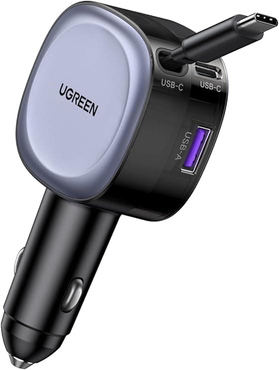 Detalle de UGREEN 75W Cargador Coche Retráctil 🚗 Carga Rápida USB-C