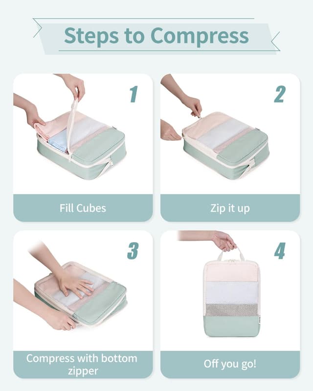 Thumbnail 6 de Narwey 6-piece Compression Packing Cubes Set (Mint Green) for cabin hand luggage organisers