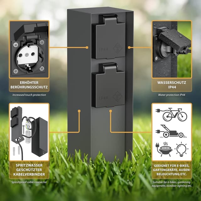 Detalle 2 de ledscom.de 2er-Set Garten-Steckdosensäule POMI aus Edelstahl, IP44 (2-fach), anthrazit, eckig, 23 cm