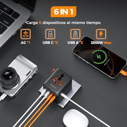 Detalle de TESSAN Adaptador de enchufe universal de viaje con cargador: 3 USB-C y 2 USB-A