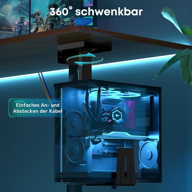 Detalle de PC-Wandhalterung unter dem Schreibtisch – verstellbare Heavy-Duty Halterung bis 30 kg, 360° drehbar, schwarz