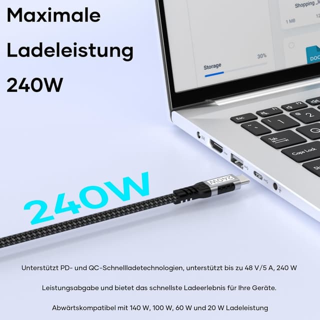 Detalle de USB-C-auf-USB-C-Kabel 3 m (90°) 240 W PD 3.1, 48 V/5 A, Nylon geflochten – für Schnellladen & Daten (PD 3.1, 480 Mbit/s)