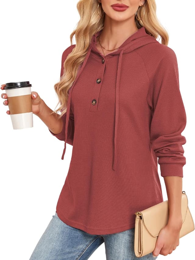 Detalle de SENBATU sweat à capuche femme à manches longues, col en V boutonné et cordon