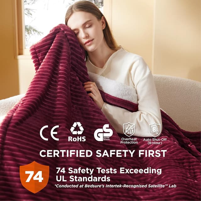 Detalle de Bedsure Heated Blanket Electric Throw (Ribbed Flannel) – 6 heat settings, 10 timer options, 130x160cm
