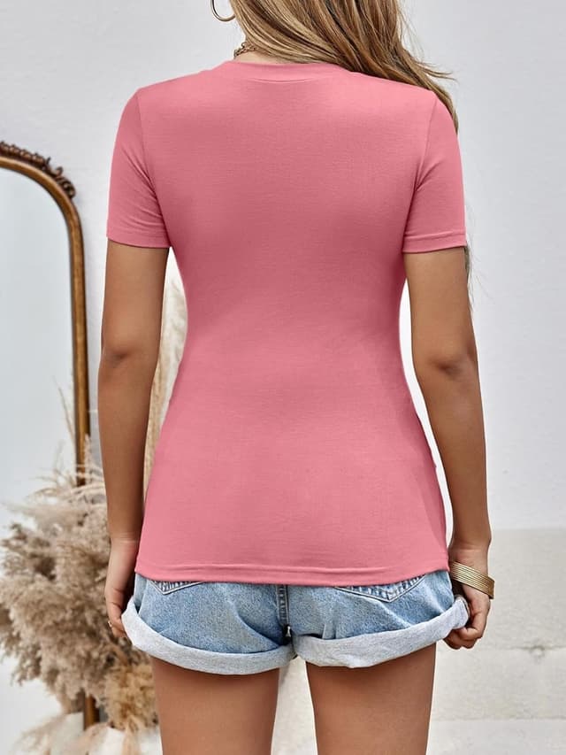 Detalle de Fessceruna Damen T-Shirt mit V-Ausschnitt, Kurzarm Slim Fit – sommerliches Basic