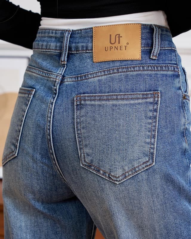 Detalle de UPNET Women’s High-Waisted Stretch Straight-Leg Jeans with Tummy Control & Raw Hem