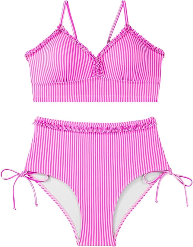 Detalle de Herseas Women’s Splice Ruffle Trim Tie-Side High-Waisted Bikini Set