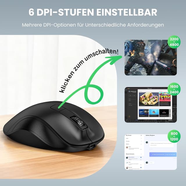Detalle 1 de TECKNET ergonomische Bluetooth-Maus mit 3-Geräte-Verbindung, wiederaufladbar, 4800 DPI und Silent-Tasten (6 Tasten)