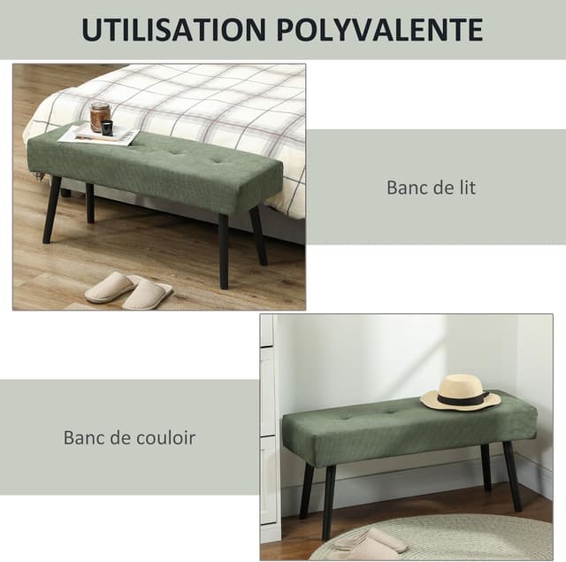 Detalle de HOMCOM banc banquette moderne rembourré en velours côtelé vert (bout de lit) sur pieds en acier noir, 100 x 36 x 45 cm