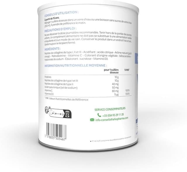 Detalle de Arkopharma Collagène Peau Cheveux Os & Muscles 260 g — complément alimentaire pour peau, cheveux, ongles, os et muscles