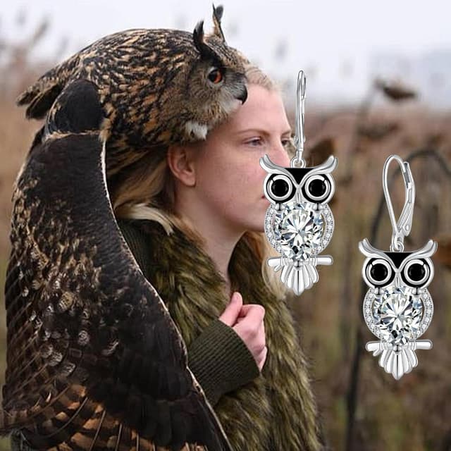 Detalle de J.WUEN boucles d’oreilles pendantes femme en argent 925 avec hiboux et zirconite cubique
