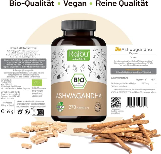 Thumbnail 4 de Raibu Ashwaganda Ashwagandha Kapseln BIO Hochdosiert 270 Kapseln