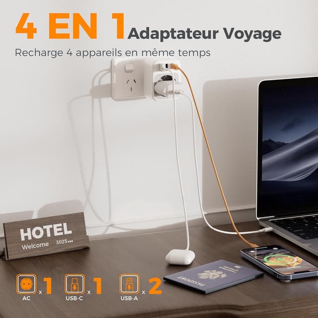 Detalle de TESSAN Adaptateur prise Australie/Chine vers France avec 1 USB-C et 2 USB-A (2500 W max)