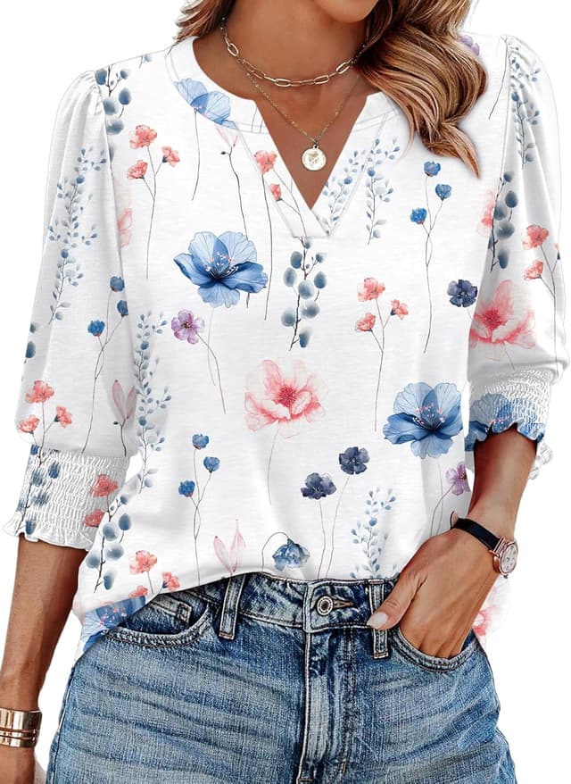 Detalle de Aokosor Womens 3/4 Sleeve V-Neck Blouses Puff Sleeve Tunic Top with Smocked Cuffs