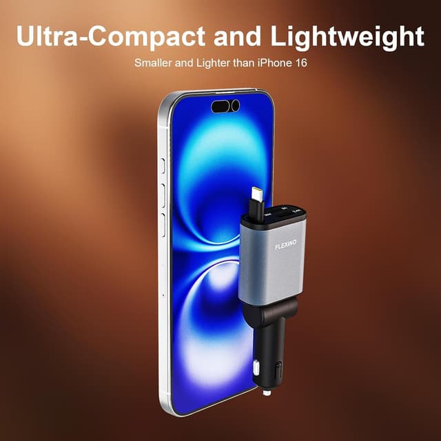 Detalle de Flexino Ultra-Slim Retractable Car Charger (Retractable 2.6ft Cord, 3 Ports up to 57W) for iPhone & Galaxy, Dark Gray, 1 Pack