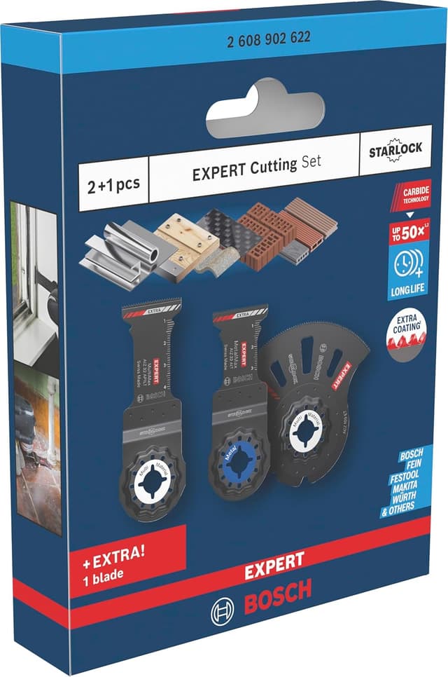Detalle 2 de Coffret Bosch EXPERT Cutting Starlock — 3 lames pour inox, bois avec clous et plaques de plâtre
