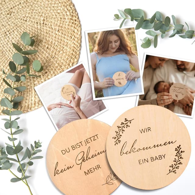 Detalle de Holz-Meilensteinkarten „Schwangerschaft“ – 30 Holzscheiben im Geschenk-Set für werdende Eltern