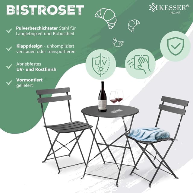 Detalle 2 de KESSER® Bistroset 3-teilig mit Bistrotisch und 2 klappbaren Stühlen (Anthrazit, mit Abdeckung)