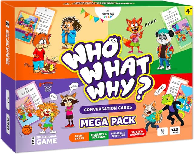 Detalle de Who What Why Mega Pack Conversation Cards for Kids (120 Picture Cards) – Speech & Counseling Therapy Game for Ages 4+