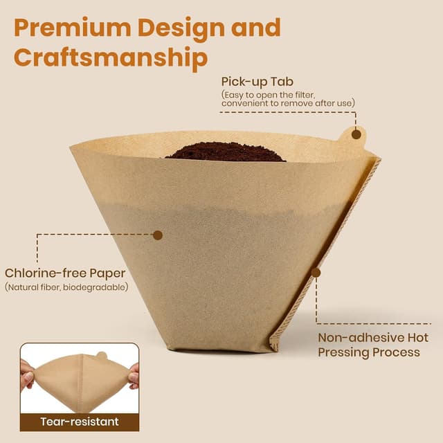 Detalle de 200 Count #4 Cone Coffee Filters for 8–12 Cup Brewers, Unbleached Natural Paper (Disposable)