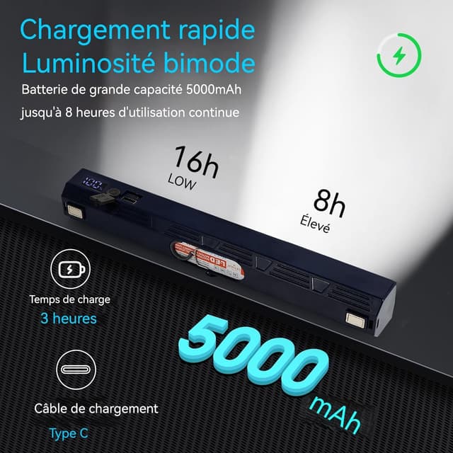 Detalle de LETOUR Baladeuse LED mécanicien rechargeable magnétique 5000 mAh, lampe de travail d’atelier