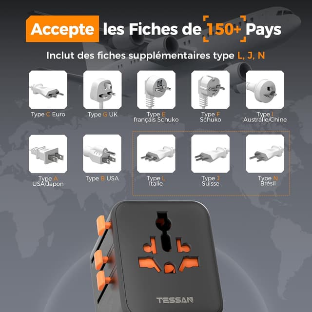 Thumbnail 6 de TESSAN adaptateur de prise universelle de voyage avec 5 ports USB (3 USB‑C + 2 USB‑A)