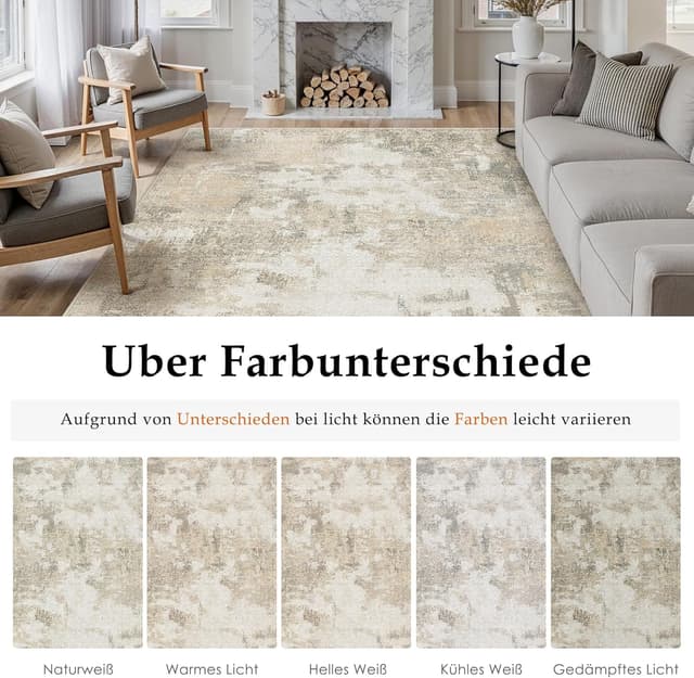 Detalle de PureCozy Beige abstrakter Kurzflor-Teppich für Wohnzimmer & mehr, 240x300 cm – waschbar, rutschhemmend