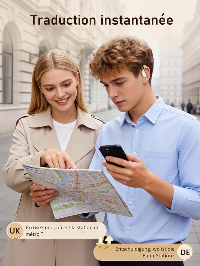 Detalle de AI Ecouteur traducteur instantané vocal Bluetooth 6.0 Open-Ear – 156 langues, modes 3-en-1 (musique, appels, traduction)