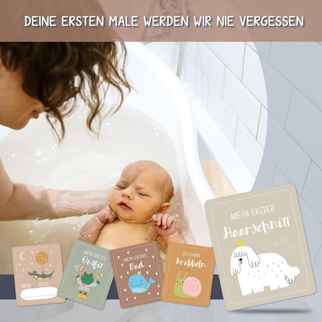 Thumbnail 6 de BIROYAL 56 Meilensteinkarten für Baby (Monatskarten 1–12 Monate) mit Holzsockel & Metallbox