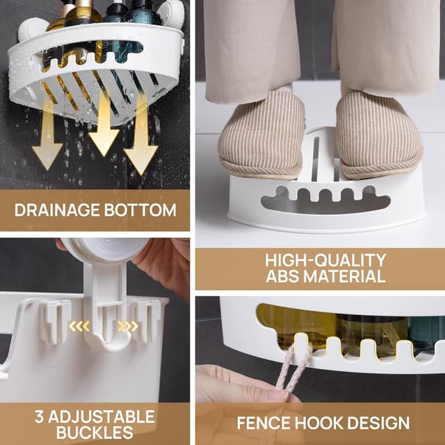 Detalle de LEVERLOC Corner Shower Caddy Suction Cup 2 Pack (Triangle Shelf, No Drilling) – White