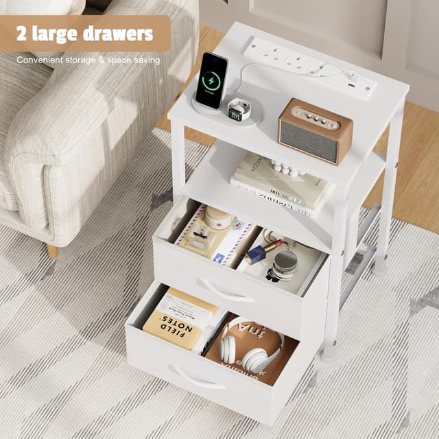 Detalle 2 de Yornoli Set of 2 Bedside Tables with Charging Station, Fabric Drawers and LED Lights (40cm wide)