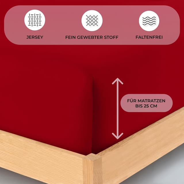 Detalle de Buymax Spannbettlaken Doppelpack 80x200 cm aus 100 % Baumwolle, rot – passend bis 25 cm Matratzenhöhe