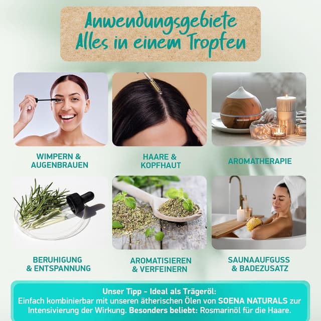 Detalle 2 de Bio Rosmarinöl (Fördert das Haarwachstum) von Soena Naturals – ätherisches Rosmarinöl in hoher Konzentration