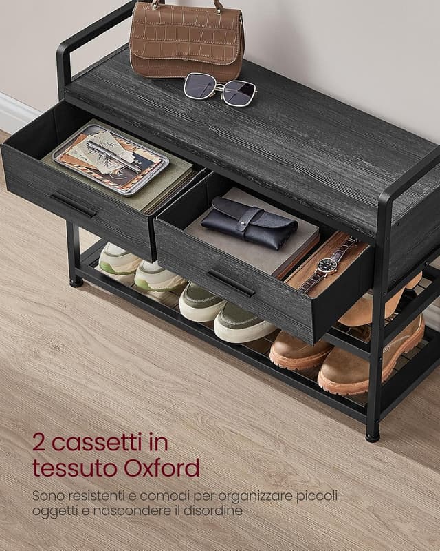 Detalle de VASAGLE HSR429B04 appendiabiti da ingresso mobile con 10 ganci rimovibili, 2 cassetti e panca scarpiera