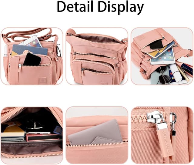 Detalle de FAVORTALK Multi Pocket Large Crossbody Handbag (Nylon, waterproof) with adjustable wide strap