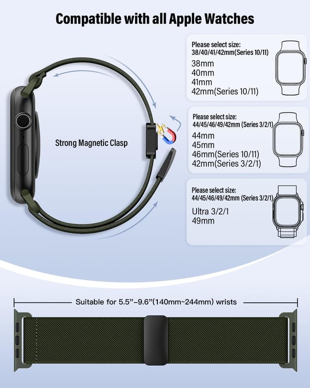Detalle de Magnetic Elastic Nylon Apple Watch strap for 38/40/41/42/44/45/46/49mm — breathable sport band with magnetic clasp
