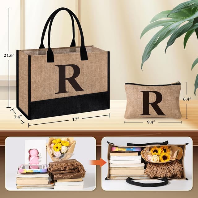 Detalle 2 de Initial Jute Tote Bag & Makeup Bag gift set for women