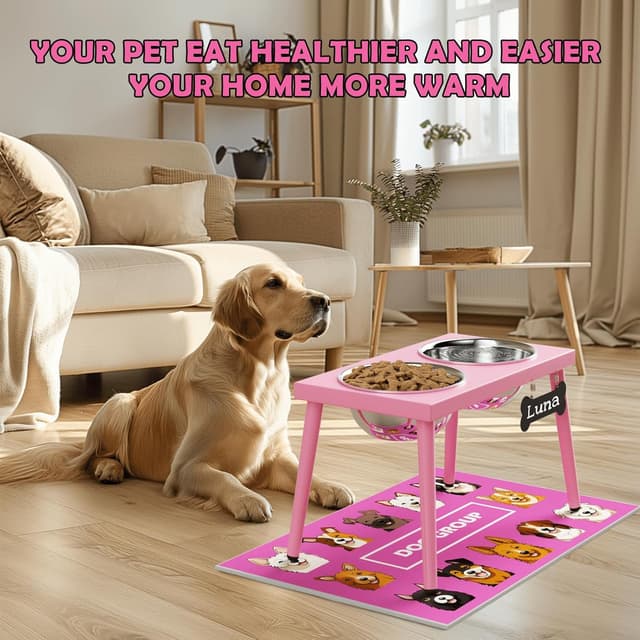 Detalle 2 de ADENGL support surélevé pour chiens (grande et moyenne taille) avec tapis anti-éclaboussures et 2 gamelles inox de 1,6 l, rose
