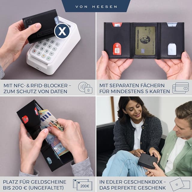 Detalle 2 de VON HEESEN Slim Wallet mit XL Münzfach & RFID-Schutz – Nappa-Leder Kartenetui klein (schwarz, glatt)