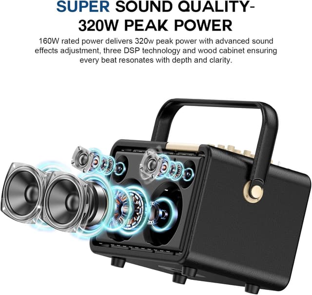 Detalle 2 de SUPNIU 320W Peak Power Karaoke Machine with 2 UHF Wireless Microphones (Portable Bluetooth PA Speaker System)