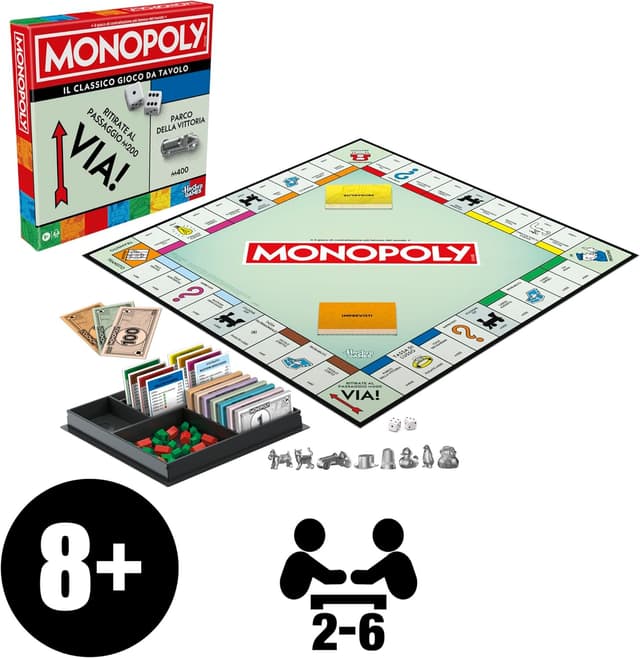 Detalle 2 de Monopoly Hasbro Gaming (edizione in italiano) da tavolo per famiglie e amici, 2-6 giocatori, per bambini dagli 8 anni