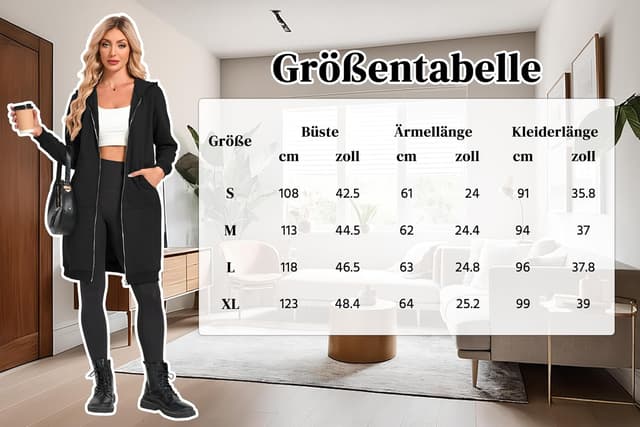 Thumbnail 6 de Timuspo veste à capuche longue pour femme, coton-polyester, zippée avec poches