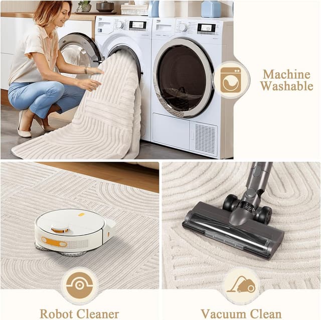 Detalle 2 de Pauwer 8x10 Washable Area Rug, Non-Slip Low-Pile Boho Beige (Machine Washable, Living Room/Bedroom)