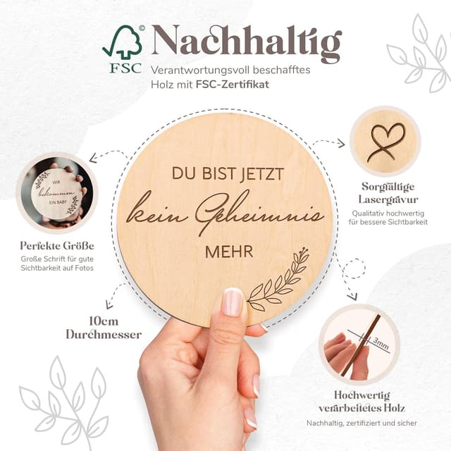 Detalle 2 de Holz-Meilensteinkarten „Schwangerschaft“ – 30 Holzscheiben im Geschenk-Set für werdende Eltern