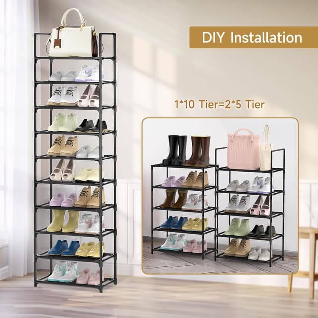 Detalle de barsone 10-Tier Metal Shoe Rack (20–25 Pairs) – Stackable shoe storage for narrow entryways