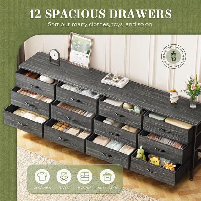 Detalle 2 de Huuger 70 Inch Dresser with 12 Fabric Drawers (Charcoal Black Wood Grain) — TV Stand for Up to 80 Inch Screens