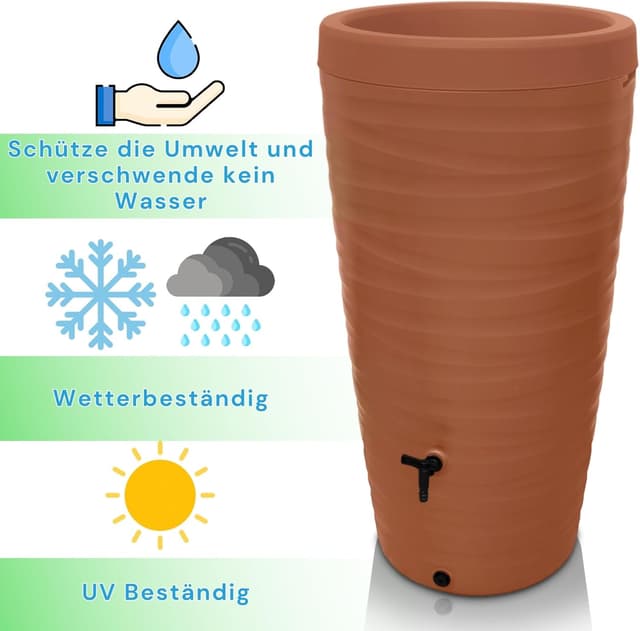 Detalle de YourCasa Regentonne 240 Liter im Wave Design – frostfeste Regenwassertonne mit Wasserhahn und 3/4“-Anschluss