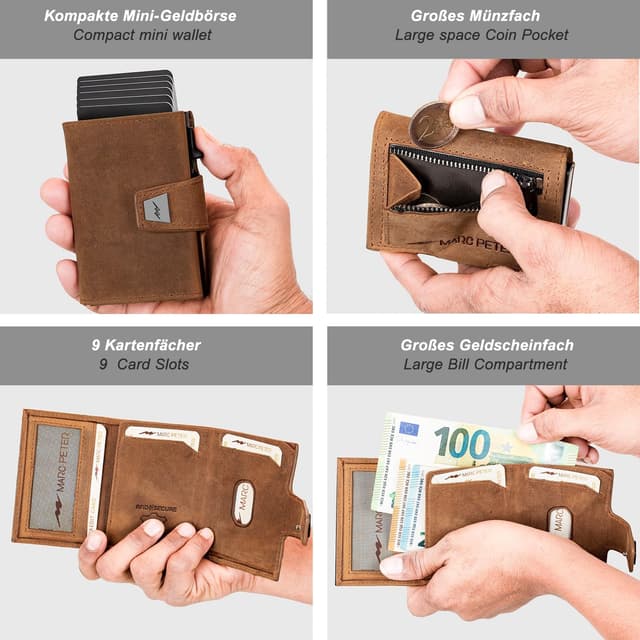 Detalle de Marc Peter Herren-Geldbörse aus Leder mit Münzfach & RFID-Schutz – Slim Pop-up Kartenetui für 9–11 Karten