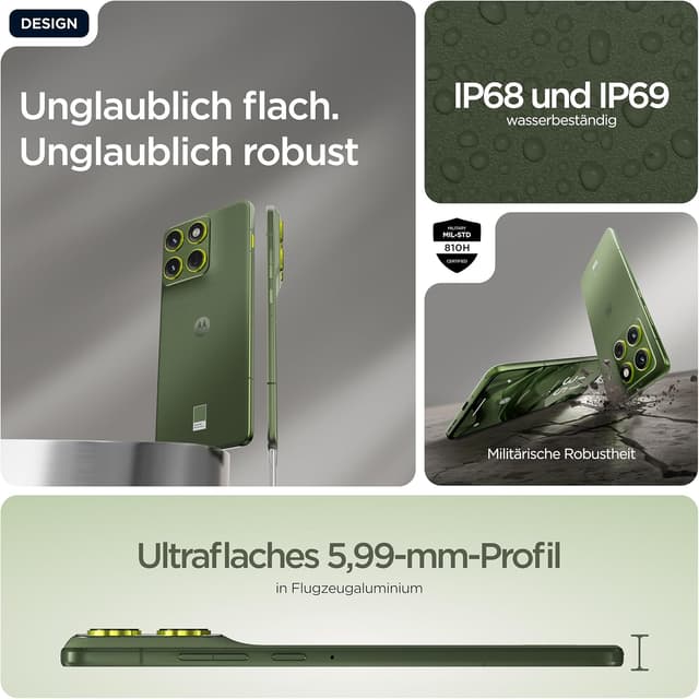 Detalle de Motorola Edge 70 Smartphone (Pantone Bronze Green) mit 50-MP-Kamera, 12/512 GB und IP68/IP69